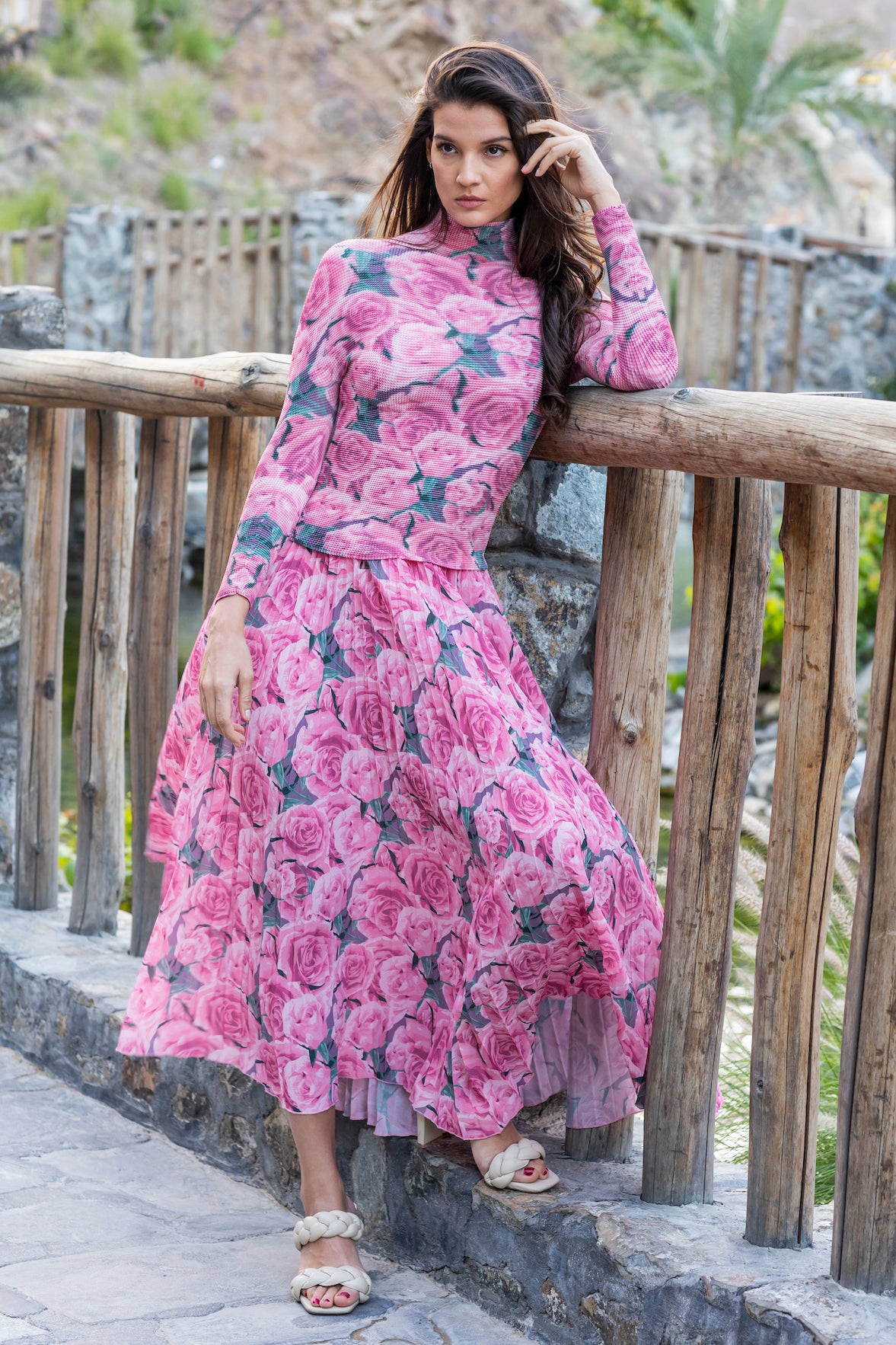 Bold Floral Blouse and Pleated “Peony” Skirt