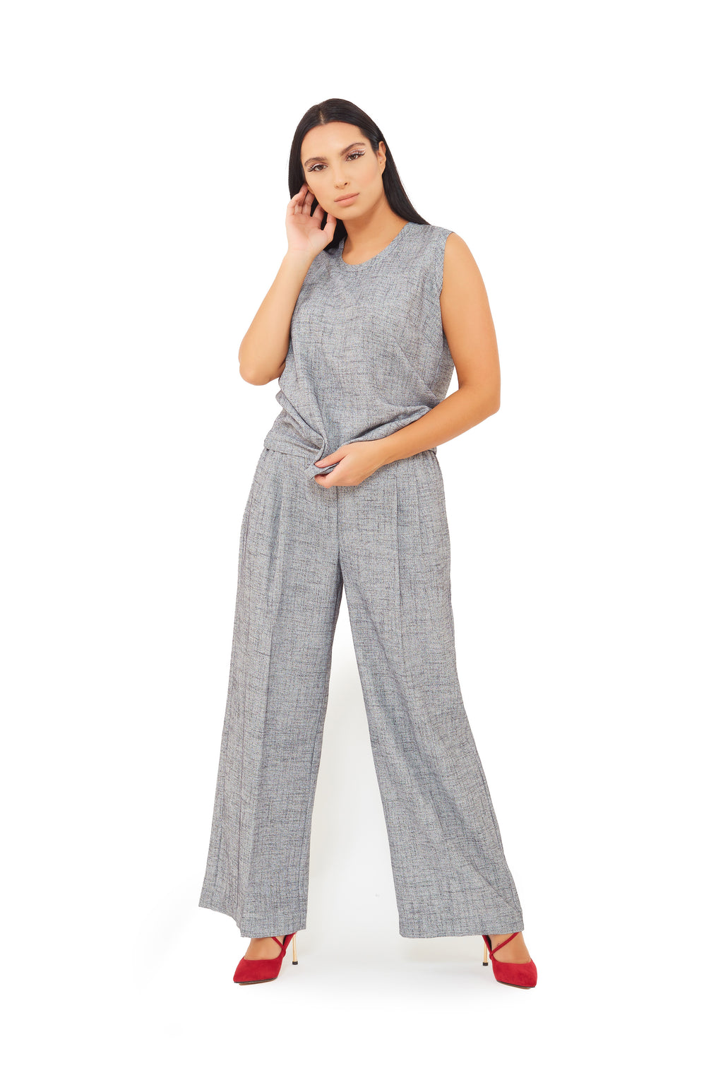 loose sleeveless top with wide leg linen trouser 