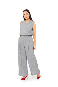 loose sleeveless top with wide leg linen trouser 