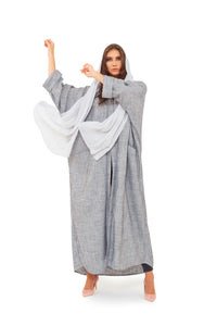 Grey Linen pocket Abaya with head scarf