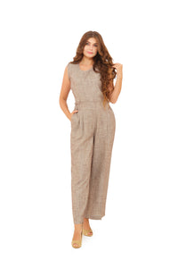 Brown linen set including a sleeveless roundneck top and an elasticized wide-leg trousers