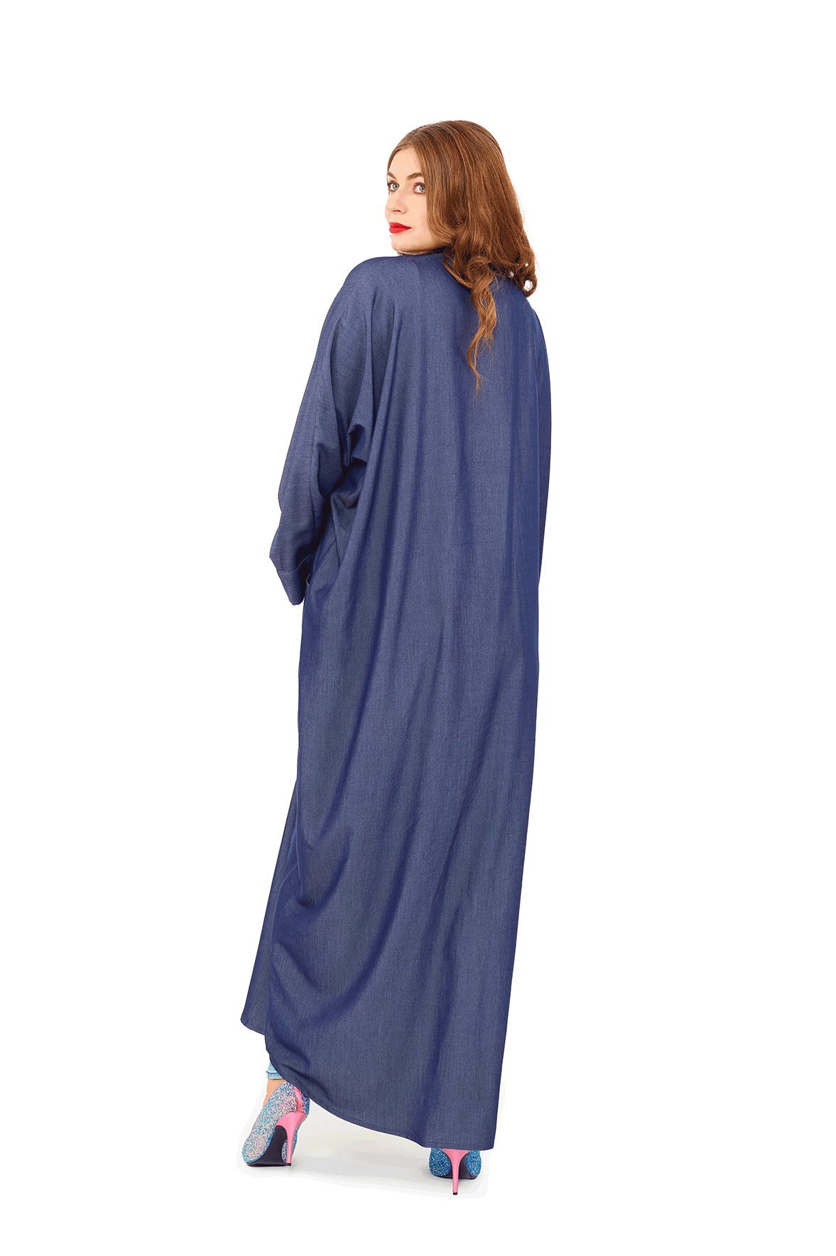 back look Blue open front (Soft Denim) abaya with front pockets and loose batwing sleeves.