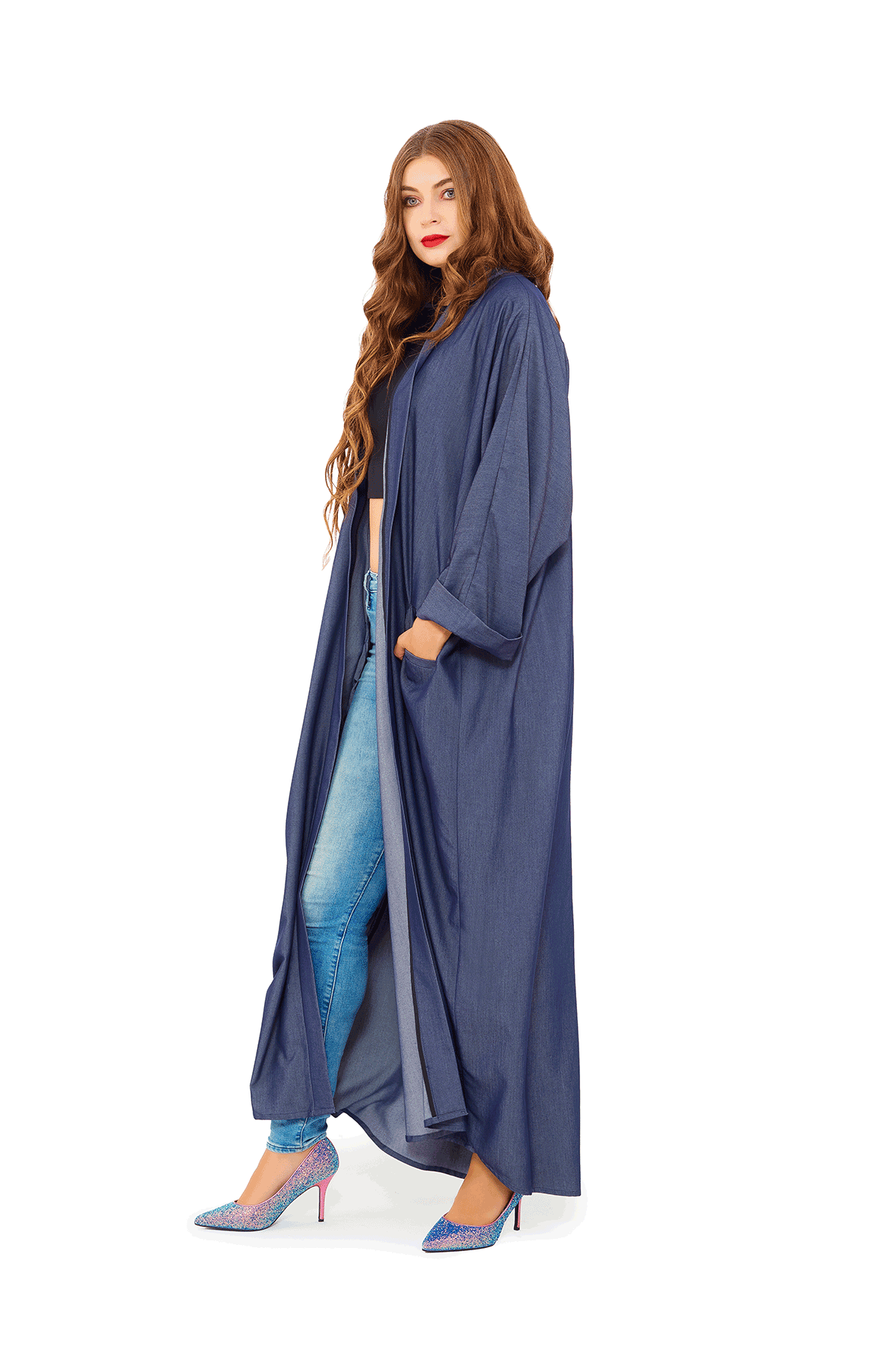 Blue open front (Soft Denim) abaya with front pockets and loose batwing sleeves.