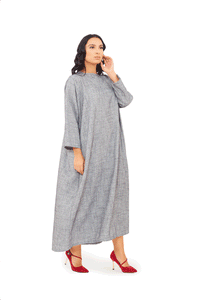 Grey jalabiya dress featuring a round neckline with loose long sleeves and a loose silhouette. 