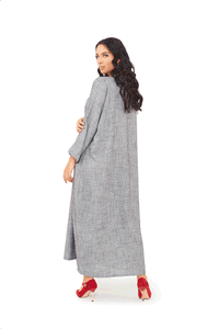 back look of Grey jalabiya dress featuring a round neckline with loose long sleeves and a loose silhouette. 